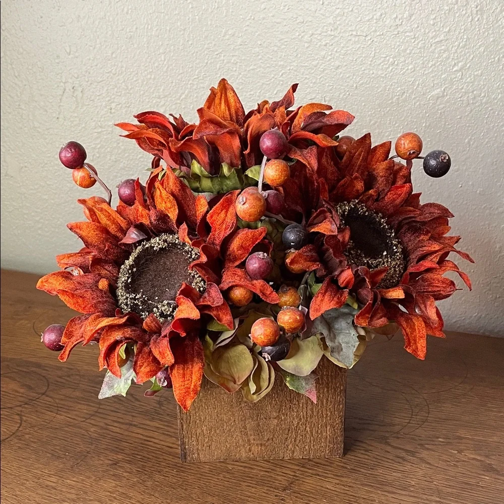 Deep Rust Sunflowers and Berries in a Handmade Cedar Box.